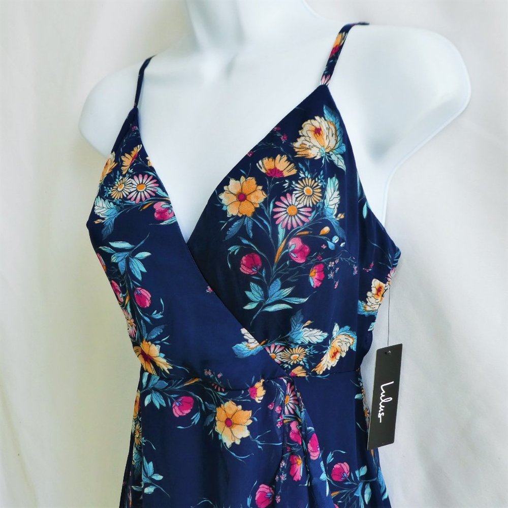 NEW Lulus Maxi Surplice Dress Navy Floral Hippie Boho Prom Halter Lined Zip Back - Picture 3 of 10